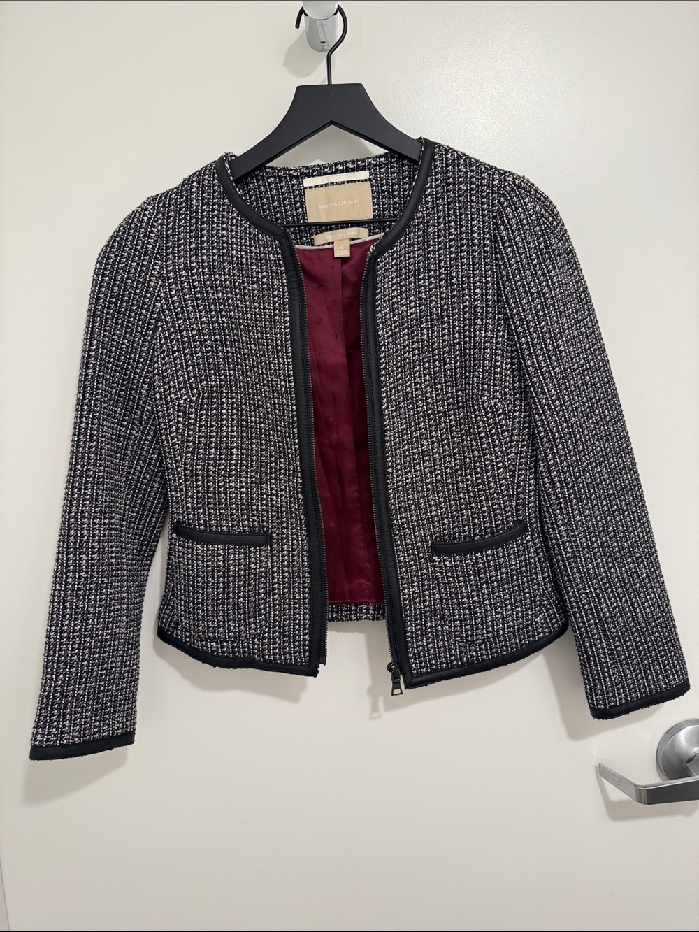 Banana Republic Black & White Tweed Collarless Zip Jacket with Burgundy Lining